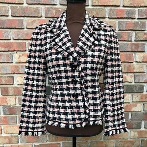 [Tahari ASL] Pink Black Houndstooth Fringe Blazer